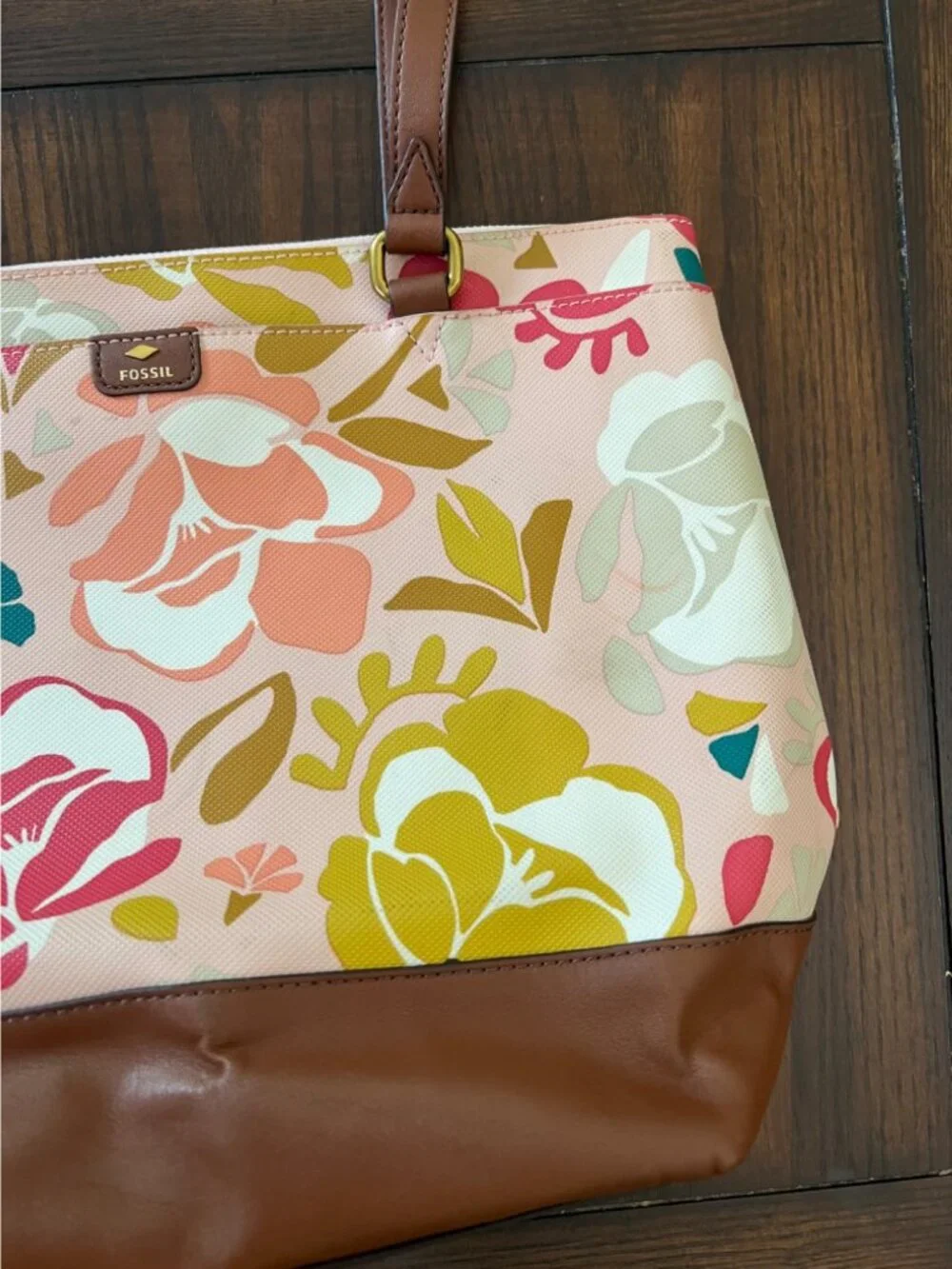 Fossil Mothers Day Large Shopper Tote Shoulder Bag Purse Pink Floral Print Key - Picture 2 of 11